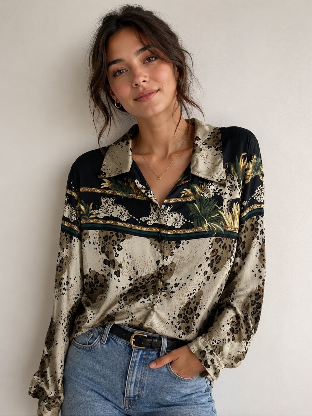 Jessica Holbrook Leopard Print SILK Shirt Cheetah Cat Animal Print Shirt Medium